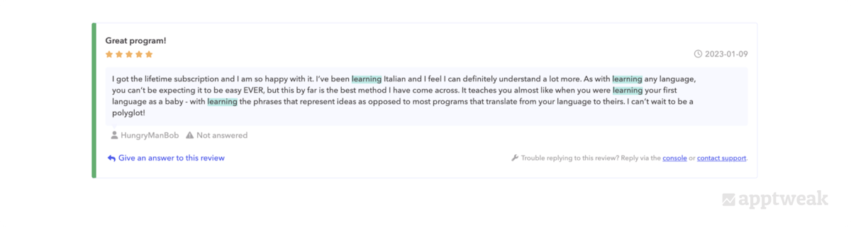Filtering reviews by keyword on AppTweak helps you understand what users like or dislike about your app or game