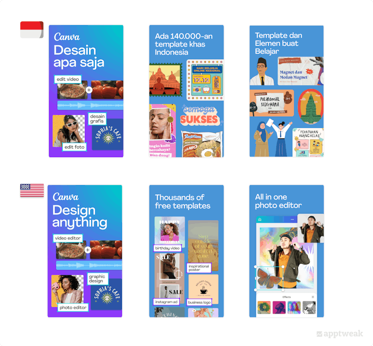 Canva has localized screenshots for the US & Indonesian market by not just adapting its screenshots but also the captions to make the app feel like it was made for local users