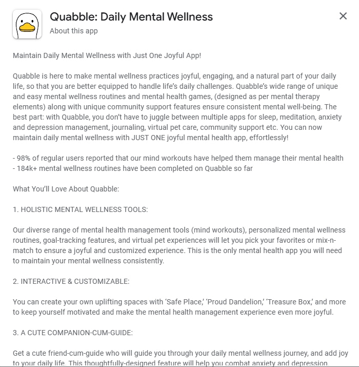 Utilize your top keywords in your Google Play Store long description like Quabble did in this example