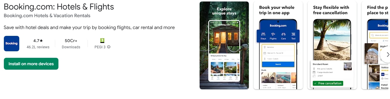 Google Play Store keyword research example of Booking.com using top keywords in its short description