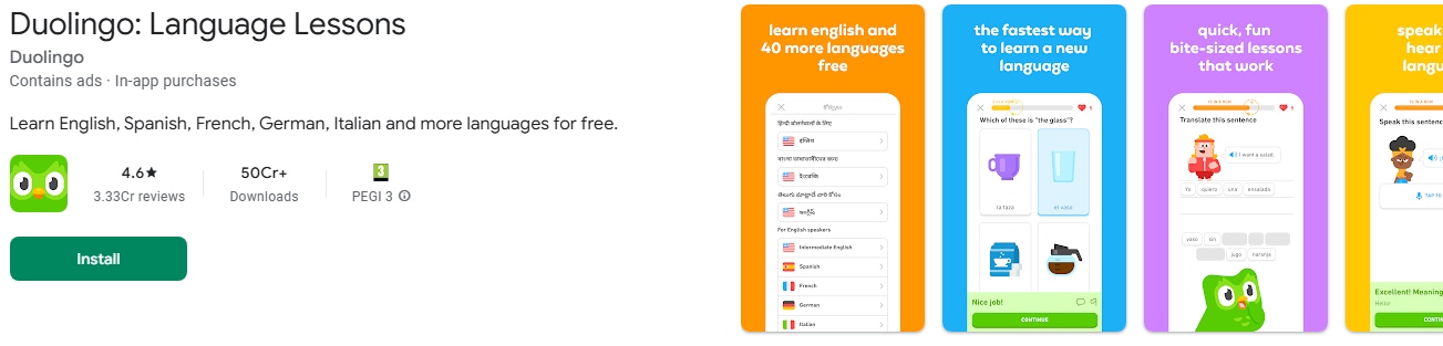 Duolingo utilized a main keyword "Language Lessons" in its app title on the Play Store