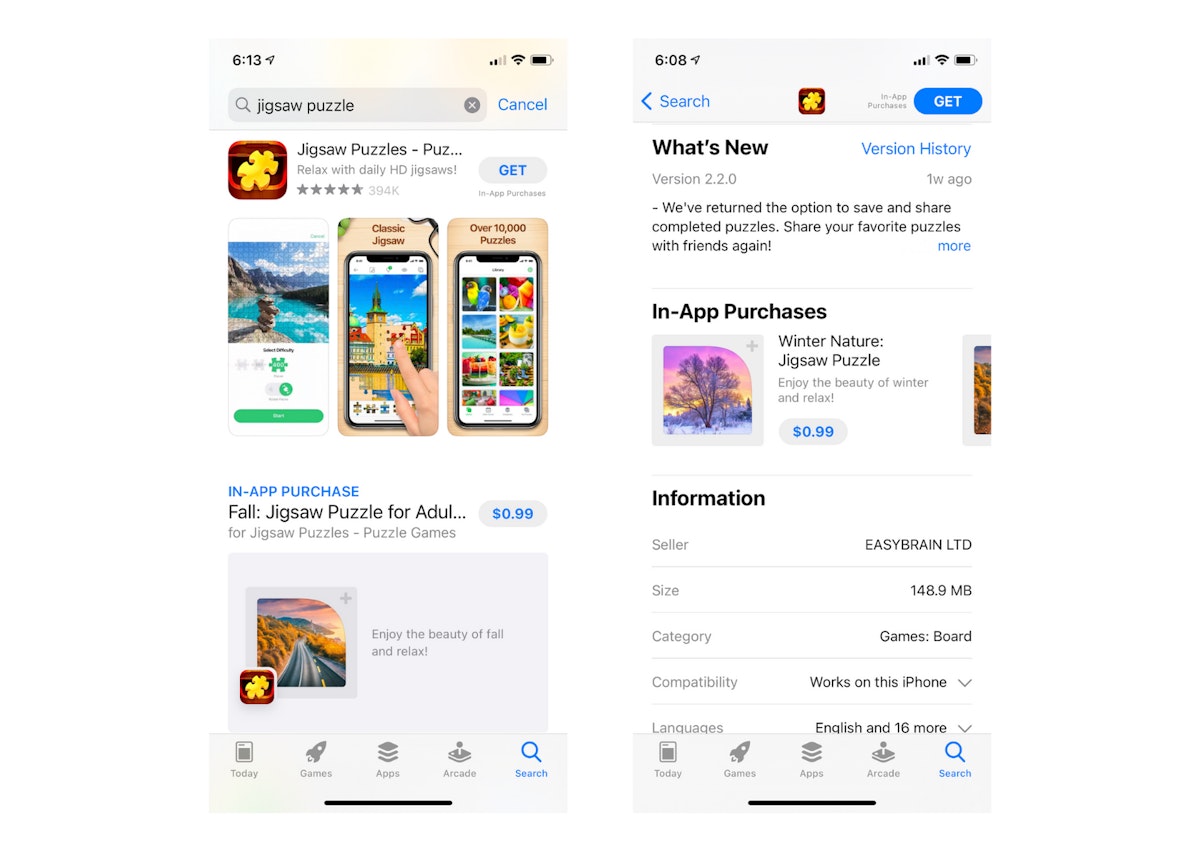 Example of how in-app purchases appear in the search results and on the app page in the Apple App Store